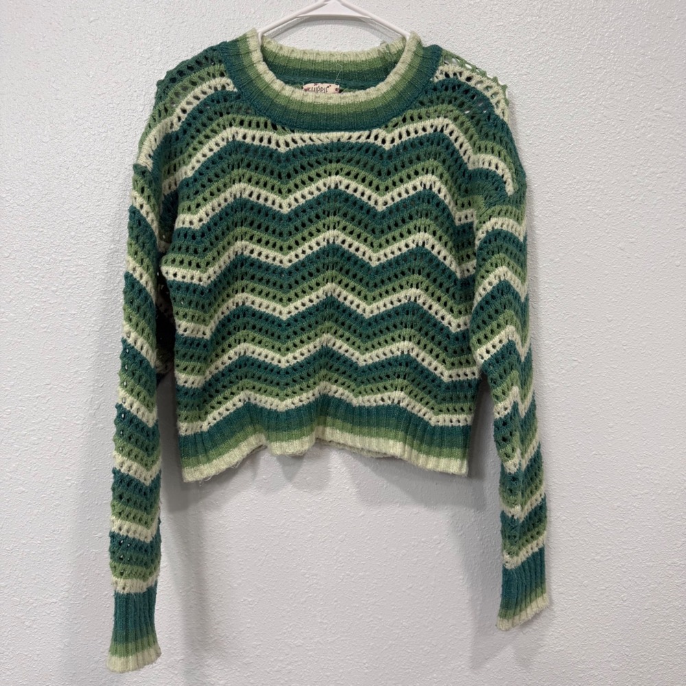 Hippie Rose Green Chevron Crochet‎ Open Knit Sweater Womens Small 2S25545 Boho